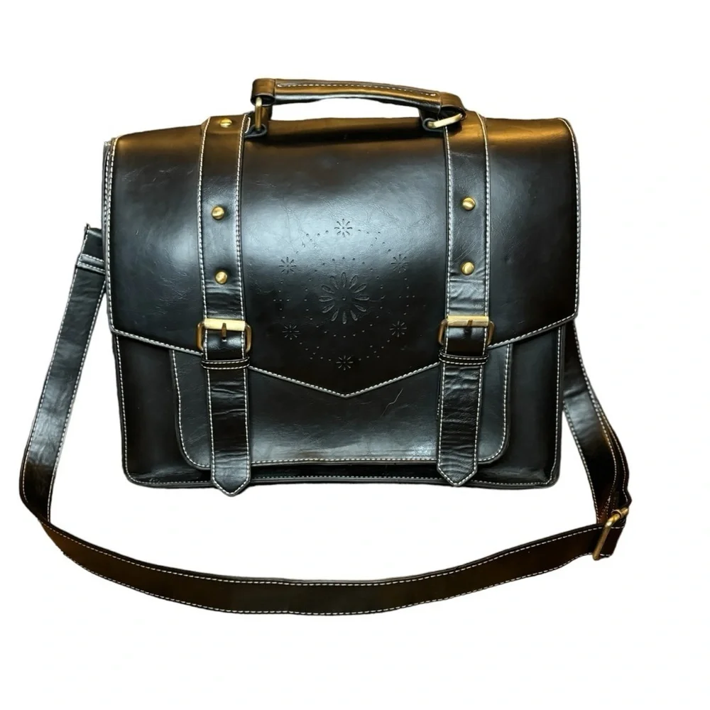 Esecosusi Black Leather Messenger Bag Briefcase Top Handle Crossbody Bag Bookbag